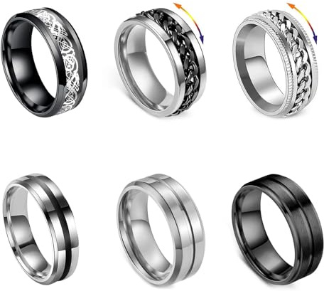 Hernin 6 Pièces Acier Inoxydable Bague pour Homme Bagues Anti Stress en Acier Inoxydable Ensemble Hommes Anneaux Spinner Mariage Promise