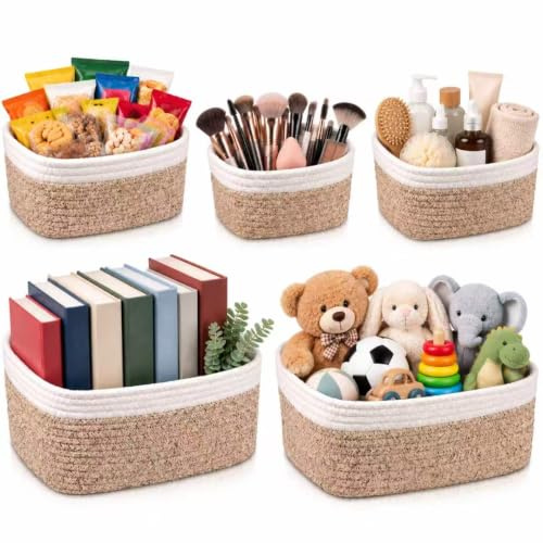 5er Set Baumwollseil Aufbewahrungskorb Geflochten, Baumwollseil Geflochtener Cotton Rope Braided Storage Basket Stapelbare Speicher Storage Basket für Organisieren von Kleidung Badezimmer