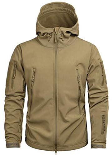 Taktische Militärjacke, warm, Fleece, lange Ärmel, mit Kapuze, Camouflage, wasserdicht, für Camping, Jagd, Angeln, Outdoor, Jacke mit Kapuze Gr. M, kaki