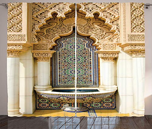 ABAKUHAUS marokkanisch Rustikaler Vorhang, Vintage östliche Kunst, Wohnzimmer Universalband Gardinen mit Schlaufen und Haken, 280 x 175 cm, Elfenbein Hellbraun Blau