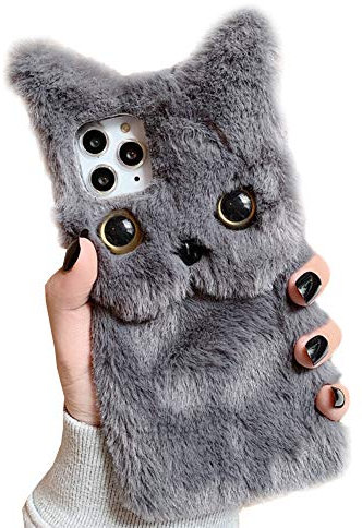 SGVAHY Furry Case for iPhone 11 Cute Cat Gray Fur Fluffy Soft Warm Plush Fuzzy with Bling Glitter Protective Case for Women Girls