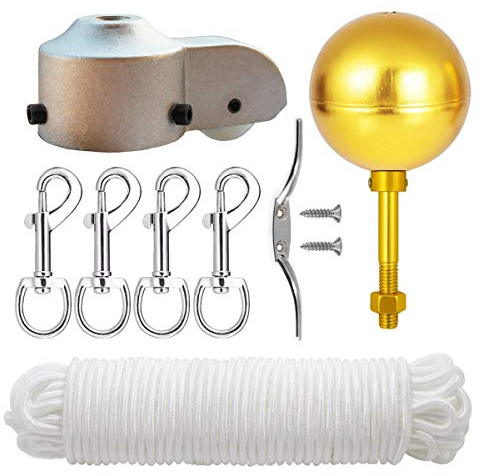 EKEV Flaggenmast Reparatur-Sets, 7,6 cm großer Aufsatz mit goldener Kugel + 15,2 m langer Halyard Seil Klammerhaken 4 Flaggendrehhaken Fahnenmast Flaschenzug LKW für 6,3 Außendurchmesser Rohr