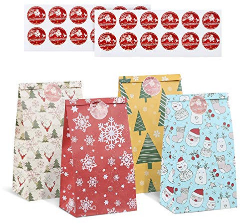 Kesote 24 Geschenktüten Weihnachten Papiertüten Partytüten Papier mit Aufkleber Adventskalender zum Befüllen und Verpacken für Kinder Geschenk Mitgebsel