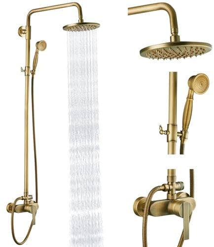 Heyalan Antique Brass Exposed Pipe Shower System 8 Inch Rainfall Shower Head Brass Fixture Combo Set Single Handle Handheld Sprayer Bathroom Shower Faucet Dual Functions
