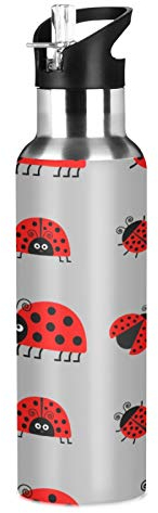 MNSRUU Trinkflasche mit Marienkäfer-Muster, isoliert für Mädchen und Jungen, Edelstahl-Wasserflasche mit Strohhalm, 590 ml