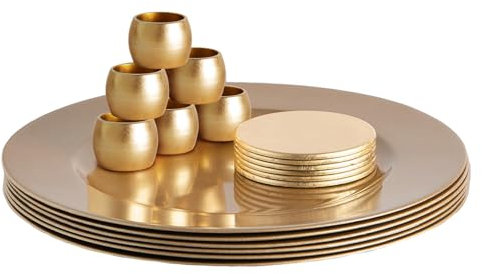 Argon Tableware Metallic Charger Plates, Coasters & Napkin Rings Set - Gold - 18pc - 33cm - Reusable Dining Table Setting Plates Drink Placemats Napkin Holders for Christmas, Party Celebrations