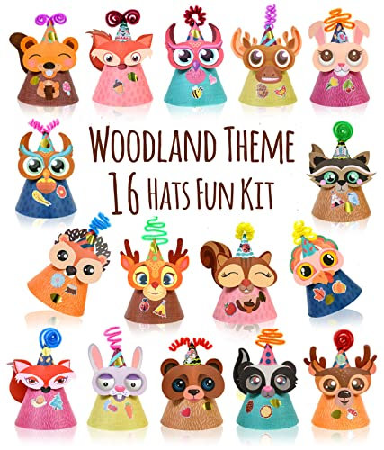 Woodland Themed Christmas Party Hats Making Kit c/w Chenille Stems & Stickers. Group Activities, DIY Art Craft Home Project. Birthday, Easter & Fiesta Decoration for Kid