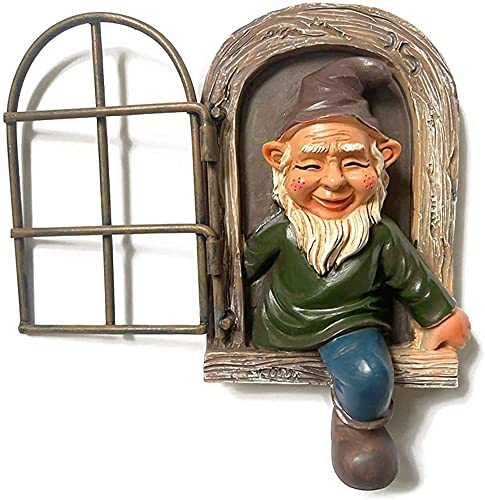 NIWWIN Gartenzwerg 3D-Harzstatue Baumschmuck, Miniaturstatuendekoration. Niedliche Figur Statue Gartenzubehör für Innen & Außen. Zwerg und Fenster kreative Kunstwerke (Male)