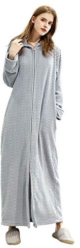 ZFSOCK Vestaglia Lunga Donna Invernale in Pile Morbido con Zip, Accappatoio in Flanella con Cappuccio, Vestaglia Microfibra da Notte per Casa Spa Hotel (Grigio chiaro, S-M)
