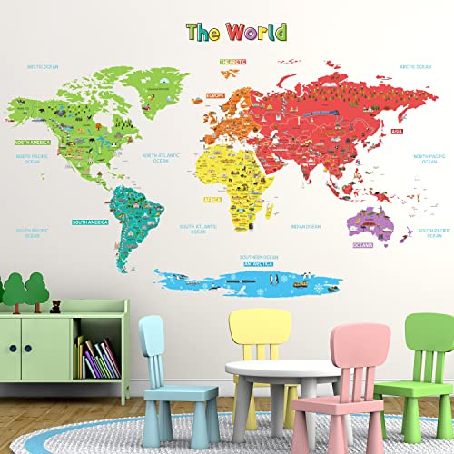 DECOWALL Landmark World Map Wall Stickers, Colourful Map Decals (SG2-1902S) | Colourful landmark world map decals on 2 large 30 cm x 90 cm sheets for clean, smooth walls