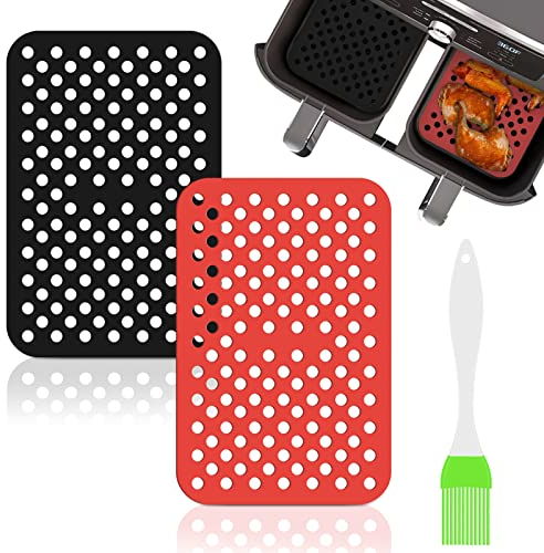 Air Fryer Liners Reusable 2pcs, Double Basket Silicone Air Fryer Liners Mat with Brush for Ninja for Dual for Ninja for Foodi Non-Stick Air Fryer Pads Baking Steaming Cooking Accessorie 7.8 x 5.24 in