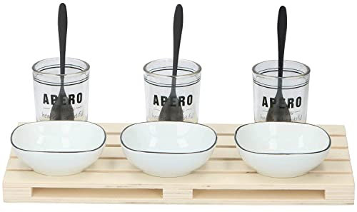 Set of 10 Snack Serving Ceramic Dish Bowl Steel Spoon Glass Cup on Wooden Board with Rope Handle