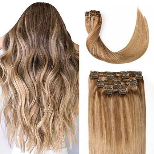 Sindra Clip in Extensions Echthaar Human Hair Balayage Ashblond bis Bleach Blonde 40cm 100g 6pcs Haarverlängerung Clip in Natürliche Remy Echthaar Extensions C#10/16/16 16 Zoll