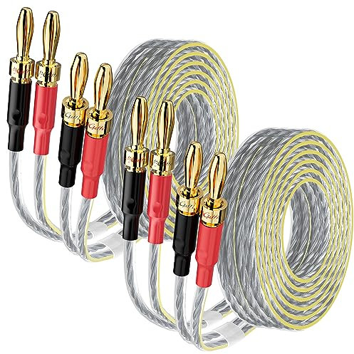 Mygatti 2 Pack 16/2 Speaker Flat Wire Cable with Banana Tip Plugs 4 FT, 16 Gauge AWG Wire, Tinned OFC Copper, Transparent Jacket with Yellow Polarity Marker, for Indoor & Outdoor, Hi-Fi