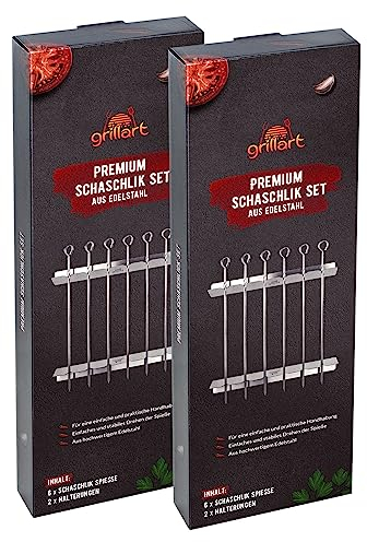 grillart® Premium Schaschlickspieße aus Edelstahl mit Gestell – Hochwertige Grillspieße für den Grill mit 360° Drehfunktion für eine gleichmäßige Zubereitung (Doppelpack - Schaschlik Set)