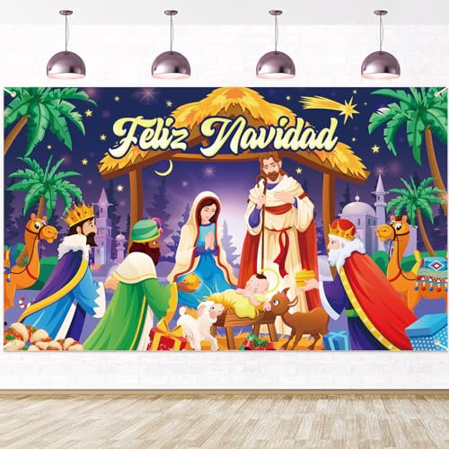 DPKOW Feliz Navidad Pancarta para Reyes Magos Belen Navidad Decoración, Niño Jesús Dios ha Nacido Pancarta de Fondo para Nacimiento Navidad Reyes Magos Interior Exterior Balcon Decoración, 185 * 110cm