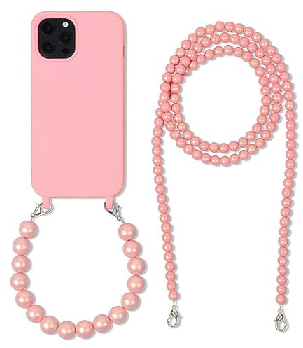 FIFTHAVE Mobile Phone Chain Mobile Phone Case for iPhone 14 with Pearls Bracelet Necklace Case with Strap, Chain Pearl TPU Protective Case for iPhone 14 6.1 Inch Silicone Case Cord Lanyard Bumper,