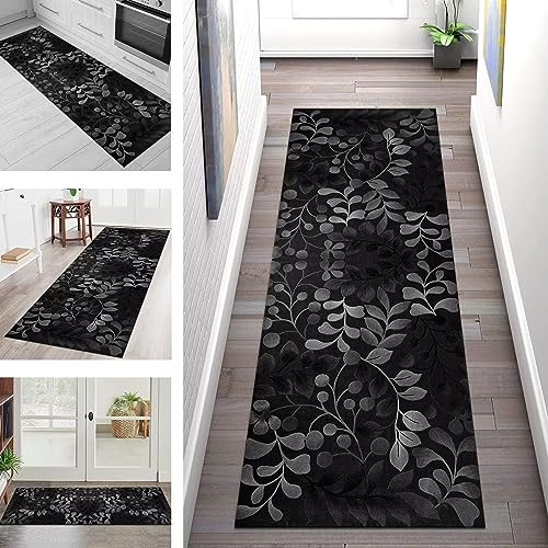 Teppich Läufer Lang Flur Küche rutschfest waschbar Korridor Tepiche Küchenläufer 90X350CM Schwarz Grau Teppichläufer Matte Meterware Kücheteppich Schlafzimmer Wohnzimmer Flurmatten Breit 40-120cm