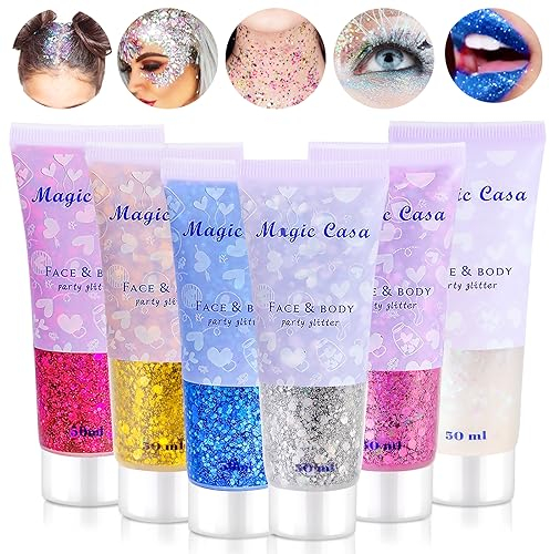 Body Glitter Gel 6 Stück, Face Glitter Festival Glitzer Gesicht, Körper Glitzer Chunky Glitter Sequin für Gesicht Haare Lippen Nägel Festival Party Makeup Theaterschminke Fasching Schminke