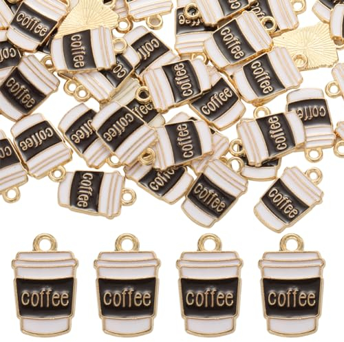 SUNNYCLUE 1 Box 80Pcs Coffee Charms Bulk Mini Coffee Cup Charm with Word Coconut Cute Alloy Enamel Gold Brown Cafe Drink Charms for jewellery Making Charms Bracelets Necklaces Earrings Women DIY Craft