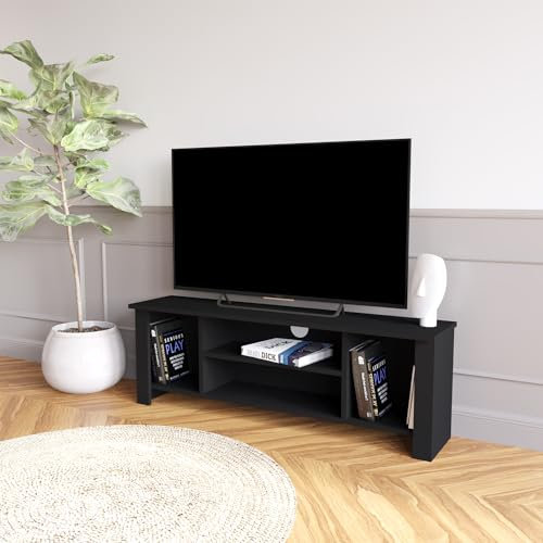 Bimossa Arsin Black TV Stand Cabinet for 50 Inch TV – 114cm Durable Particle Board Unit with Open Shelves and Resilient Finish, Ideal for Living Room and Office