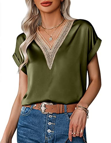 Zeagoo Camisa Mujer Blusas Verano Elegantes Manga Corta Camiseta Cuello Pico Blusa Saten Color Sólido T-Shirt M