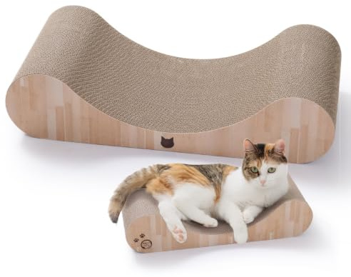 Necoichi Cardboard Cat Scratcher Bed for Indoor Cats - Cat Scratching Board, Horizontal Cat Scratch Pad Lounger with Reversible Usability and Extra Comfort for Lounge, Curved (18 Regular, Oak)