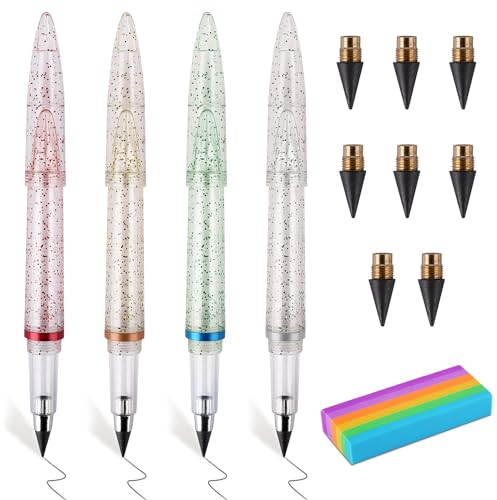RNHDLY Ewiger Bleistift Set - 4 Stück Tintenlose Stifte Mit Radiergummi, 8 Ersatzköpfe, 1 Radiergummi - Unendlicher Schreibstift