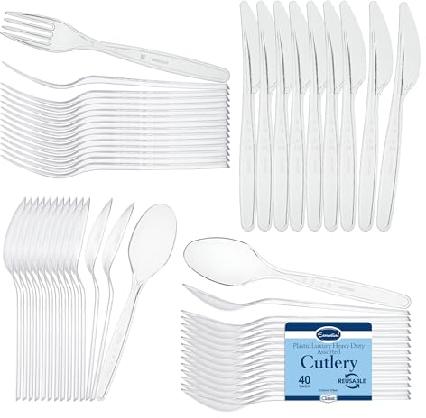 EURO CLASSIC Premium Clear Hard Plastic Cutlery Set-Eco-Friendly, Reusable-Choose Your 40 Pack: Forks, Spoons, Knives, Small Dessert Spoons or Assorted Pack-Perfect Parties, Events (Assorted) (PLL)