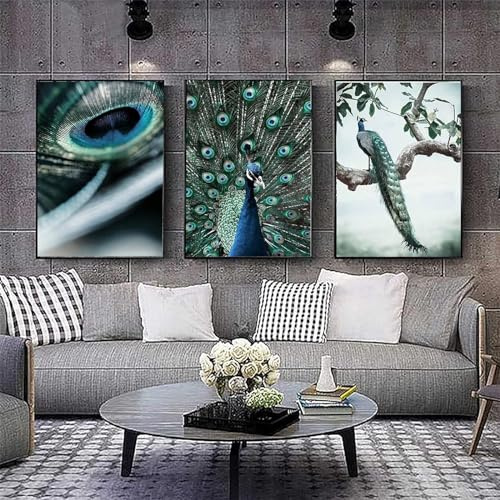 AWKFHF Moderne Blaue Pfau Bilder Leinwand Malerei Poster Kunstdruck Schlafzimmer Wand Deko(Kein Rahmen) (A-03,3X60X80CM)