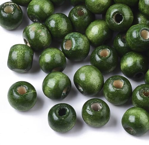 Cheriswelry Lot de 200 perles rondes en bois naturel teint vert foncé de 10 mm pour la fabrication de bijoux et travaux manuels Trou : 3 mm