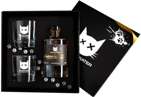 BÖSER KATER Butterscotch Whisky Likör Geschenkset mit 2 Gläsern, feine Geschmacksnoten von Karamell & Vanille, das perfekte Geschenk in hochwertiger Box, 0,5l 20% Vol.