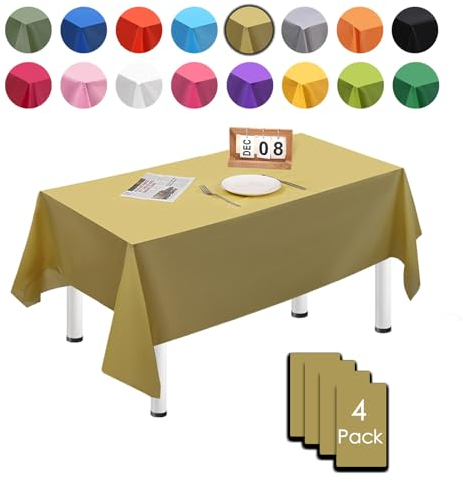 MORAINJAY 4 Stück 137cmx274cm Rechteckig Einweg Tischdecke, Gold Wasserdicht Fleckschutz Tischdecken für Geburtstagsfeier,Hochzeit, Weihnachten, Kindergeburtstag, Esszimmer, Garten,Party