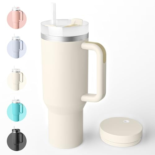 Bailkind 1182mL 40oz Thermobecher Autobecher Spritzfestem, Kaffeebecher to go Edelstahl Vakuum Isolierbecher mit 2 Strohhalm 2 dicht Deckel und Reinigungsbürste, BPA-Frei, Spülmaschinenfest-Schneeweiß