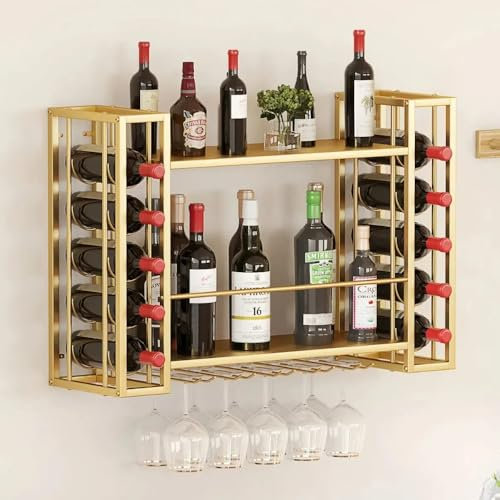 Woskar Weinregal zur Wandmontage, Metallbar, Likörregale und Glashalter, Wandbarregal, Wein-Display, Aufbewahrungshalter für Zuhause, Bar, Esszimmer, Küche (80 cm B x 24 cm T x 54 cm H, Gold)