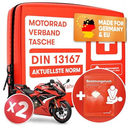 PURAHELP 2x Motorrad Verbandskasten nach aktueller Norm 2025 DIN 13167 (StVO konform) - Inkl. Beatmungstuch - Motorrad Erste Hilfe Set 2025 Mini Klein