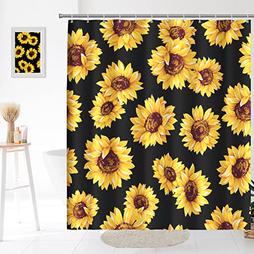 Ksriylm Rideau de Douche Tournesol Jaune, Tissu Polyester Anti-Moisissure Imperméable Lavable pour Salle de Bain, 72 x 72 Pouces avec 12 Crochets pour Baignoire