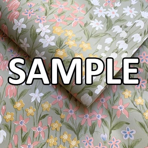 World of Wallpaper Bluebell Wood Floral Themed Wild Flowers Country Style Wallpaper Sample for Living Room, Bedroom, Hallway, Feature Wall Sage Green/Coral/Ochre (203702) Sample