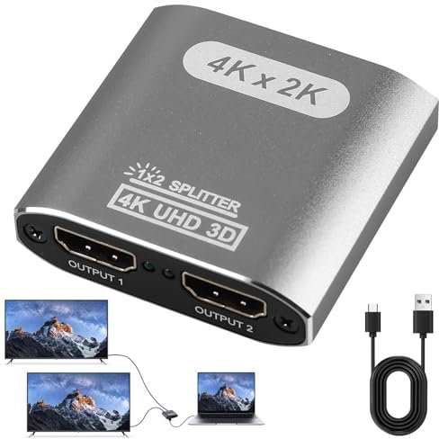 HDMI Splitter 4K@60Hz, 1 In 2 Out Gleichzeitig Aluminium Verteiler Unterstützt HDCP 4K 3D UHD 1080P, HDMI Splitter Kompatibel mit Xbox PS3 PS4 Roku Blu-Ray-Player Firestick HDTV und Apple TV