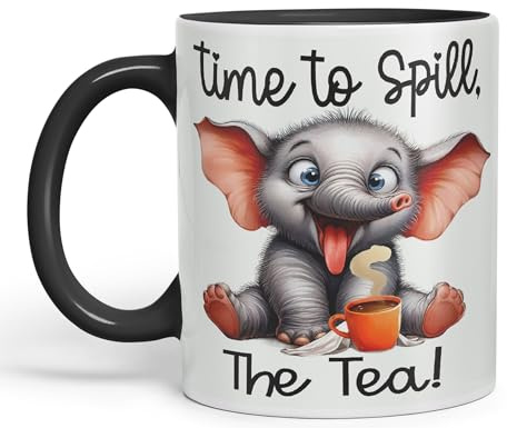 Vixar Time to Spill The Tea Elephant Joke sarkasm Sarcastic Ceramic Coloured Mug Cup for Tea Coffee Hot Brew 330ml 11Oz Gift (Black)