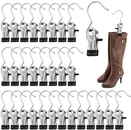PXBSNB 30 PCS Portable Laundry Hooks, No Slip Stainless Steel Clothes Pegs, Multifunctional Metal Boots Hangers, 360° Rotatable Hanging Hold Clips for Coat Hats Towels Socks Pants
