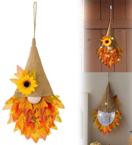 Haustür Herbst Blumenkranz mit Licht, 37cm Kranz Deko Herbst Dekoration Türkranz, Herbst Ahorn Gnom Vordertürbügel, Herbst-Türkranz mit Hängeseil für Thanksgiving (1 Stück)