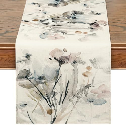 DEMIUKO Beige Tischläufer Sommer Aquarell Blumen Wasserfest Tisch Läufer Saisonnal Küche Esstisch Dekoration für Drinnen Draußen Wohnzimmer Dekor Bankett Tischdeko 32x240cm