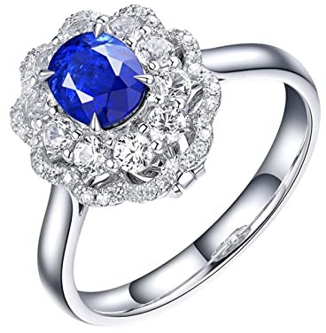 Tolldek Echt Gold Eheringe 750 Weiß Gold, 1.57ct Labor Erstellt Saphir Solitär Ring mit Diamant Blumen Oval 18K, Echtes Gold Kollektion, Gr.49 (15.6)