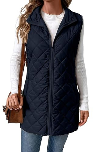 Generisch Steppweste Damen Lang Stehkragen Weste Damen Elegant Einfarbig Longweste Winter Ärmellos Steppweste Leicht mit Taschen Weste Frauen Stepp Mittellang Steppjacke Übergangs Lässig Winterjacke