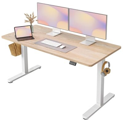 FEZIBO Height Adjustable Electric Standing Desk, 140 * 60 cm Stand up Table, Sit Stand Home Office Desk with Splice Board, White Frame/Maple Top