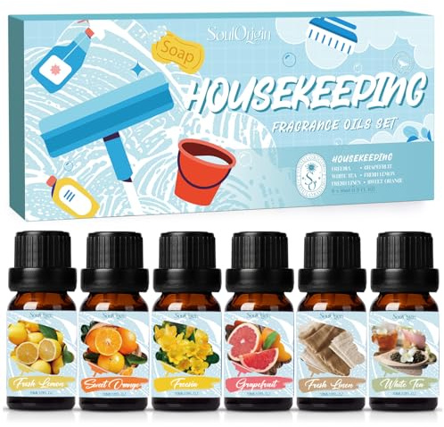 SoulOrigin Housekeeping Essential Oil Set, Fragrance Oil Set for Oil Diffusers, Scented Oils for Soap Candle Making 6x10ml - Fresh Lemon, Sweet Orange, White Tea, Fresh Linen, Freesia, and Grapefruit