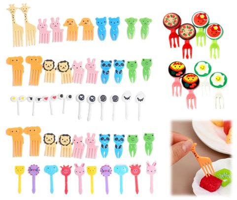 58 Piezas Tenedores Fruta Niños Mini Palillos de Comida en Plástico Bento Lindos Postre Pastelería Fiesta Decorativos, Palillos de Dientes de Animales, Palillos para Niños Frutas