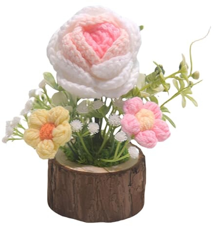 Walopola Knitted Flower Pot, Crochet Flower Pot Plant - Small Crochet Desk Statue, Knitted Potted Plant - Dashboard Decoration, Artificial Bouquet for Table