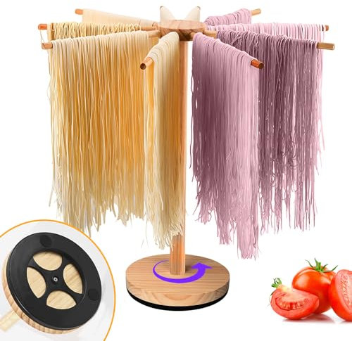 Rotary Pasta Drying Rack, 10-Arm Large Wood Spaghetti Noodle Dryer Rack for Pasta, Detachable Pasta Holder Hanger Stand Spaghetti Drying Rack for Home Use, Easy Storage